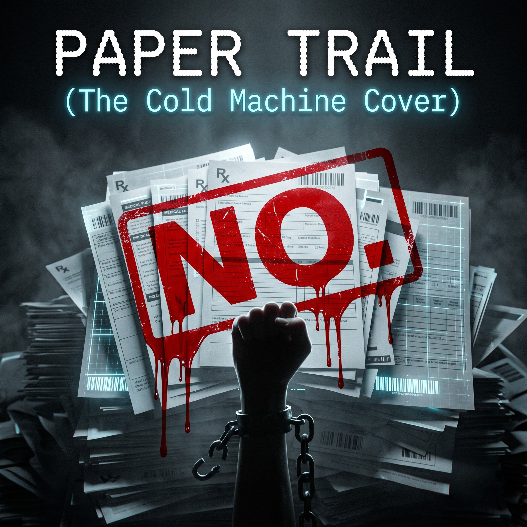 Paper Trail (The Cold Machine Cover) — cover art: a fist raised against a wall of denied medical claim forms stamped 'NO.', a broken chain at the wrist