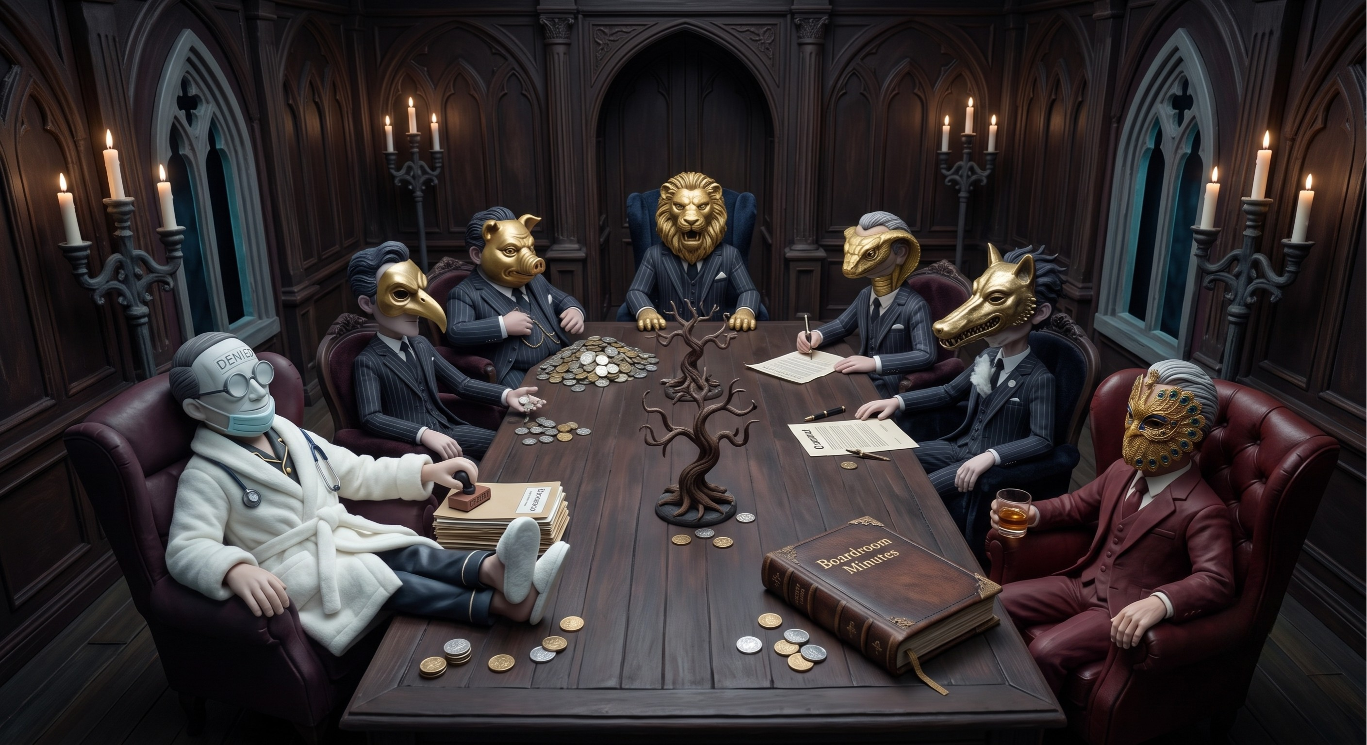 The Shareholder board in golden beast masks — Step Right Up