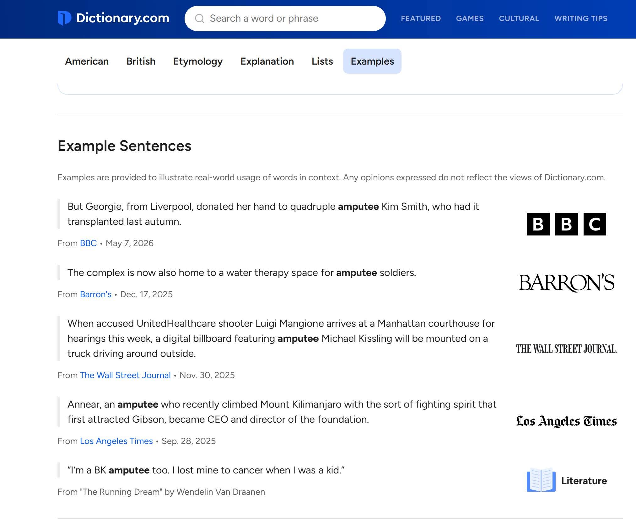 Dictionary.com example sentence for the word amputee citing the Wall Street Journal feature on Michael Kissling