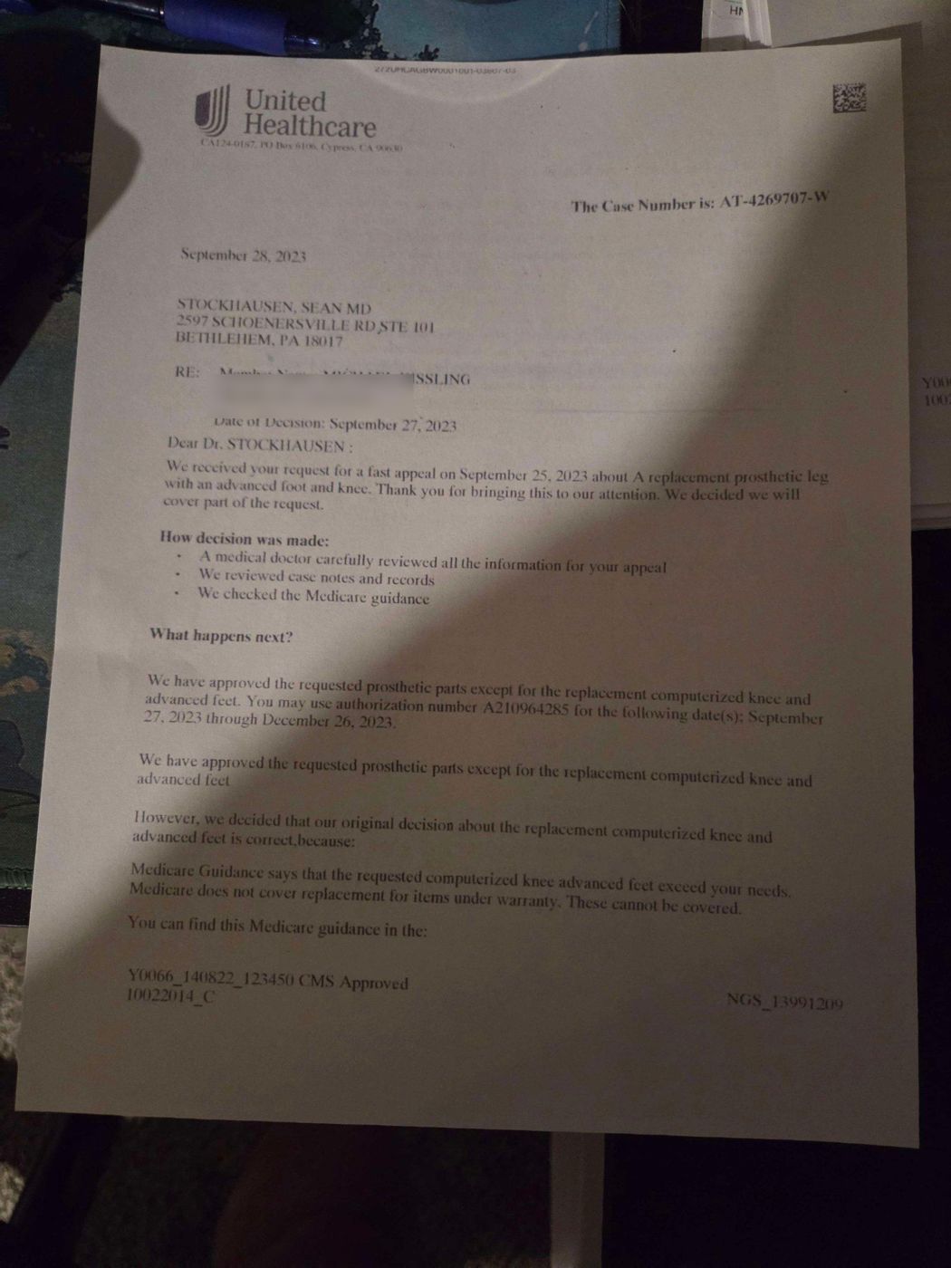 UnitedHealthcare appeal decision letter dated September 28, 2023, page 1