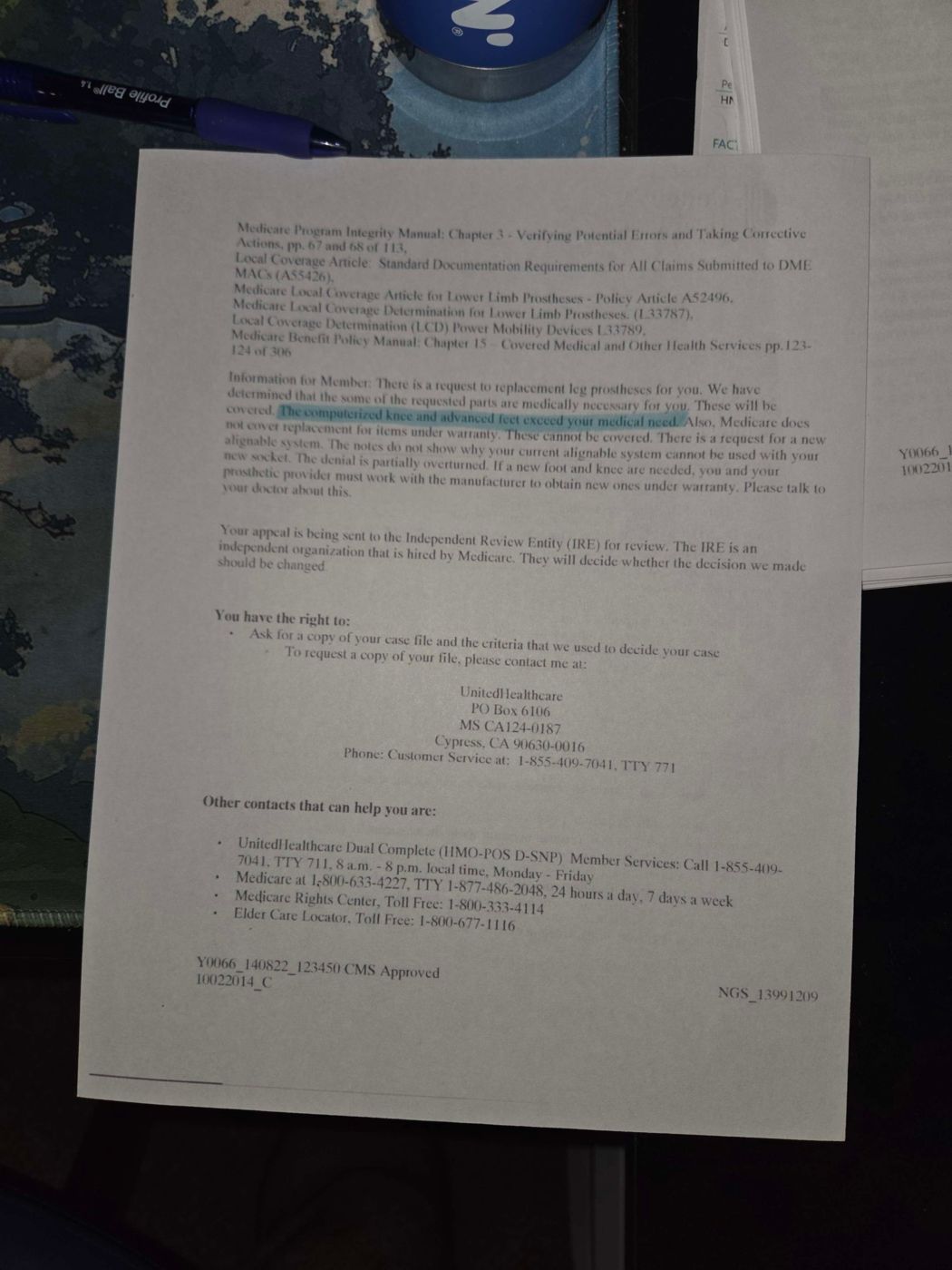 UnitedHealthcare appeal decision letter, page 2, with the denial reason highlighted