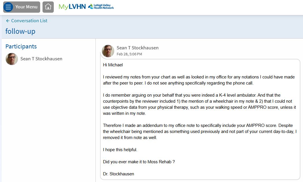 Patient portal message from Dr. Stockhausen describing the peer-to-peer review