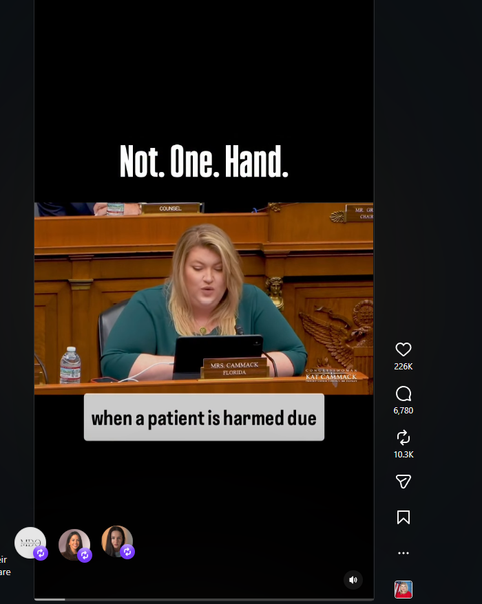 Rep. Kat Cammack at the House Energy & Commerce hearing, Jan 22, 2026 — on-screen text reads 'Not. One. Hand.' as she asks insurance CEOs whether any executive is penalized when a patient is harmed by a delay or wrongful denial