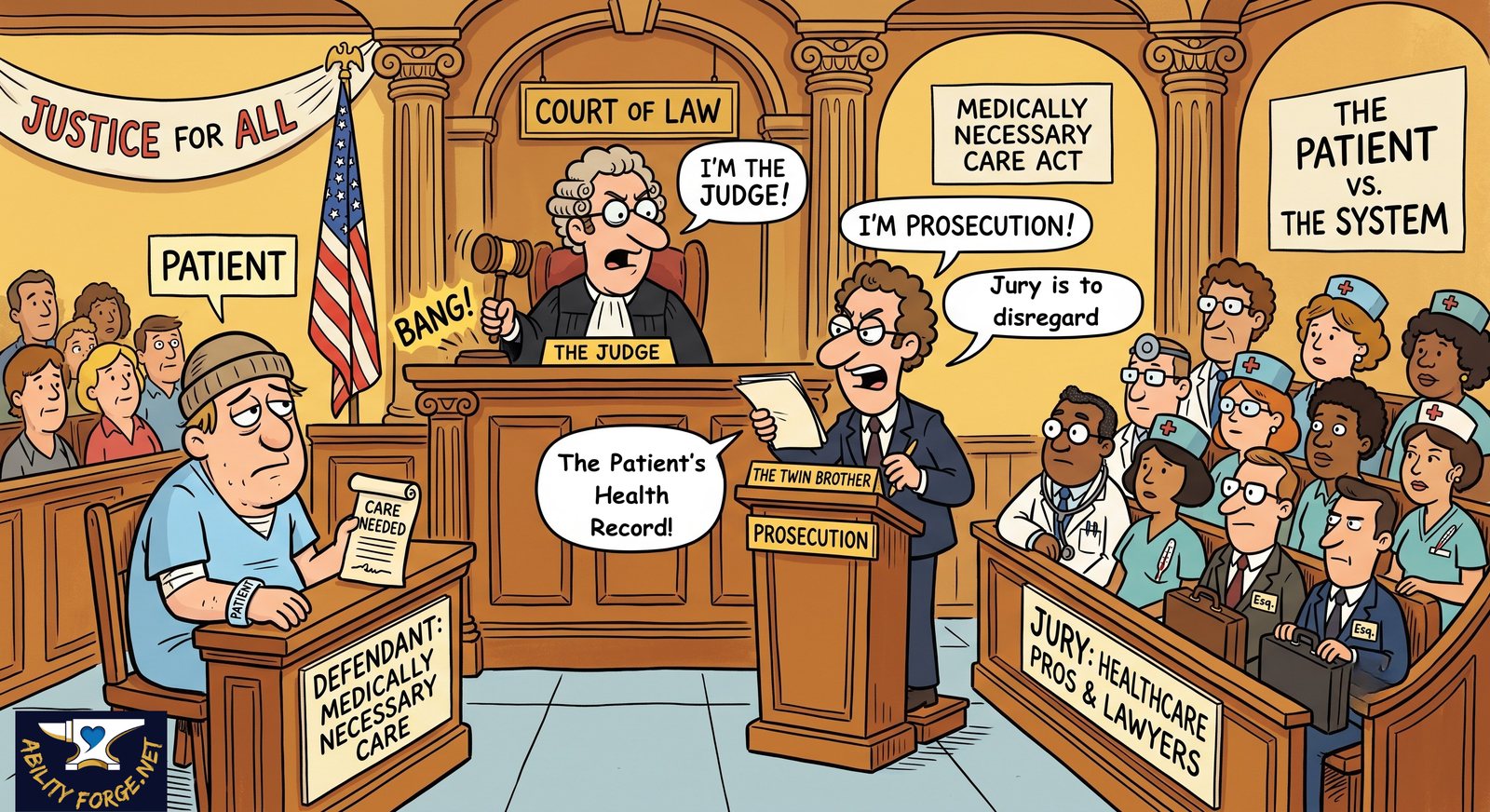 Cartoon courtroom: the insurance appeals system depicted as a rigged trial