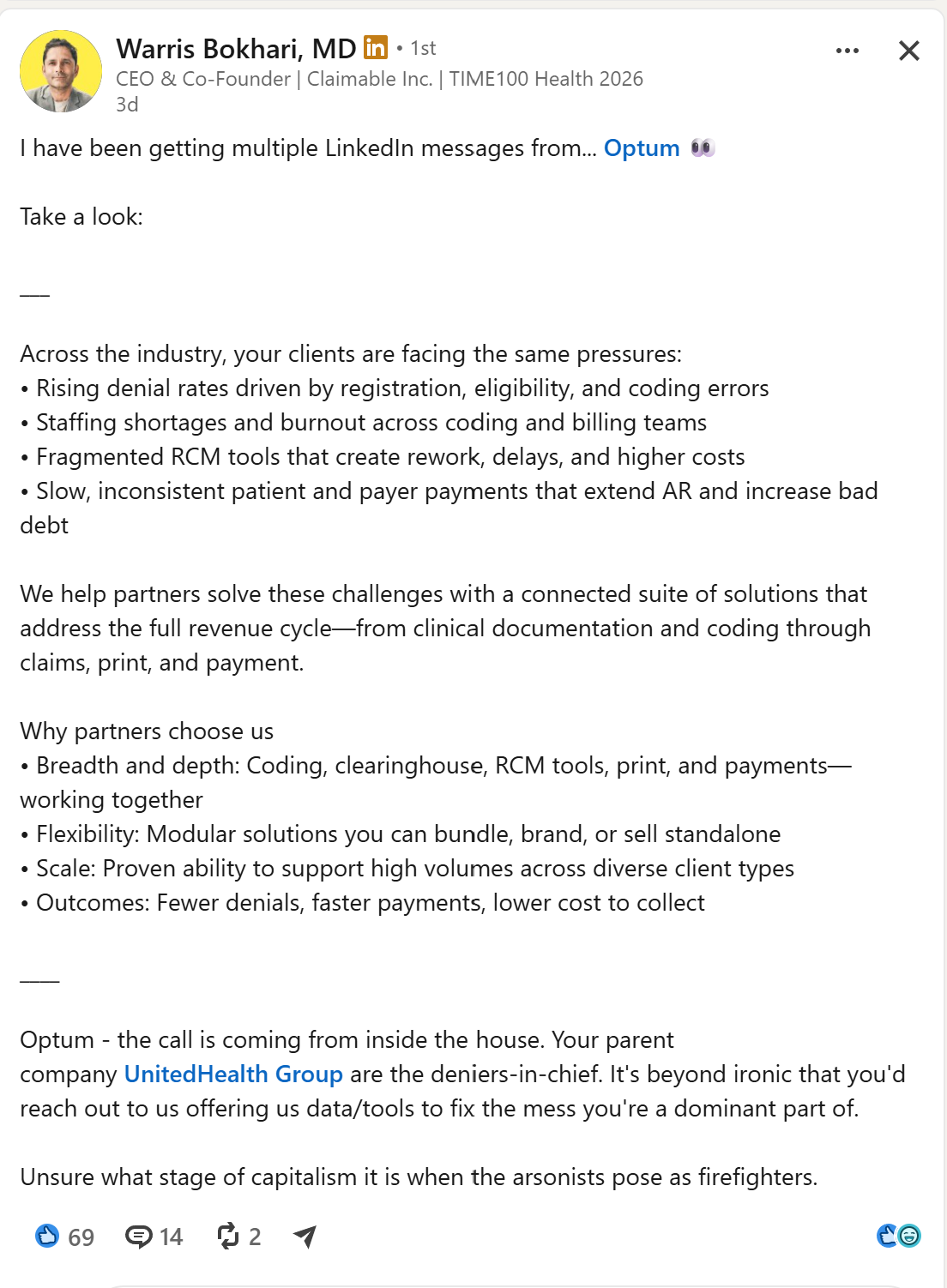 LinkedIn post by Warris Bokhari, MD, CEO of Claimable, publishing a sales pitch he received from Optum offering revenue-cycle tools that promise fewer denials