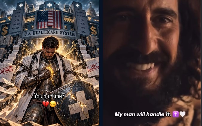 Two frames from a Guardians of Medicine reel: a chained, armored doctor kneeling before the U.S. healthcare system asking 'You hurt me?', and Jesus smiling: 'My man will handle it.'