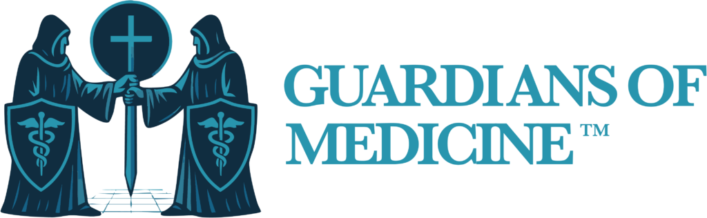 Guardians of Medicine logo — two hooded guardians holding a sword and cross, with caduceus shields