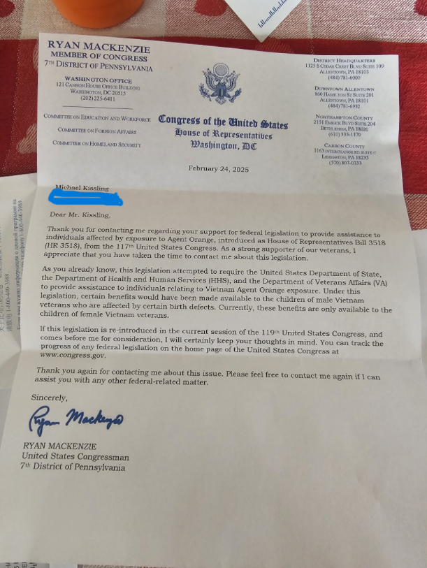 Letter from Congressman Ryan Mackenzie dated February 24, 2025