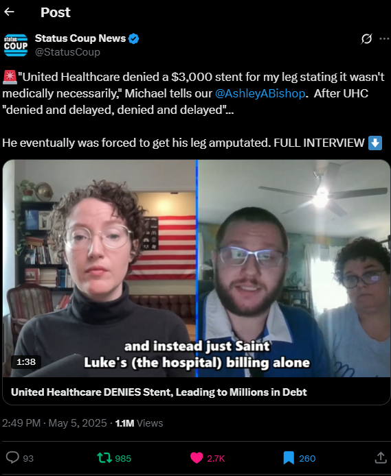 Screenshot of Status Coup News interview about United Healthcare denial