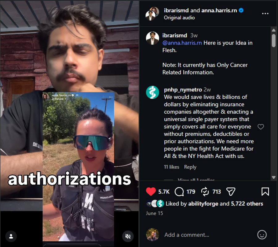 Instagram reel by Dr. Ibrar, co-posted with Anna Harris RN: he tags her with the caption 'Here is your Idea in Flesh.' The video frame shows Anna Harris speaking, captioned 'authorizations.'