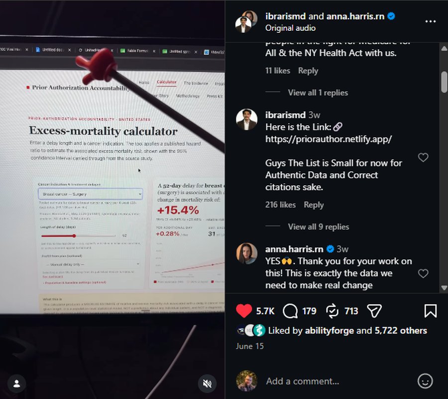 The same reel showing the excess-mortality calculator on screen, with Anna Harris replying in the comments: 'YES. Thank you for your work on this! This is exactly the data we need to make real change.'