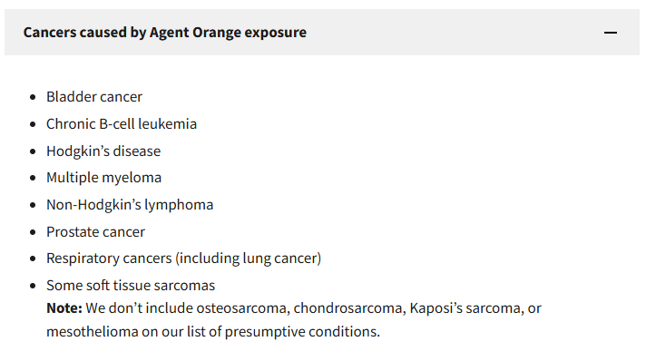 VA-recognized cancers linked to Agent Orange