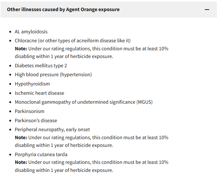 VA-recognized non-cancerous illnesses linked to Agent Orange
